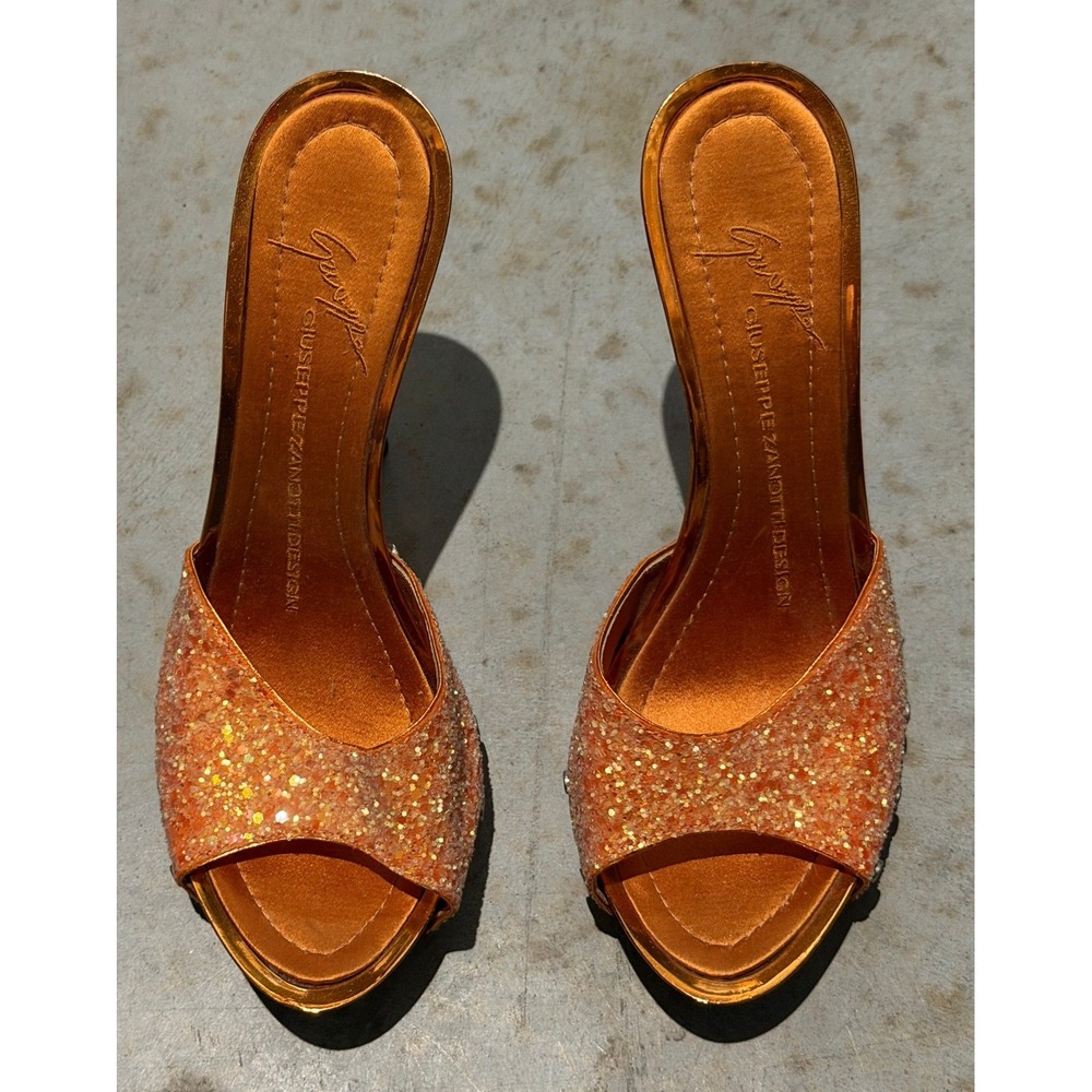 Giuseppe‎ Zanotti Orange Metallic Glitter Studded Platform Mules Sandals Size 35